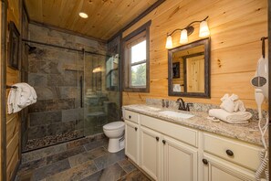 Shower, hair dryer, towels - Unobstructed Views of the Smokies, Private heated pool, Hot tub, Game room (Sevierville)