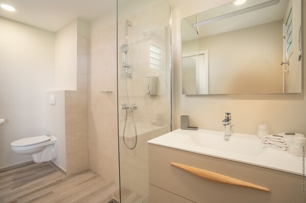 Un baño moderno con ducha envuelta en vidrio, un lavamanos blanco y un espejo grande.