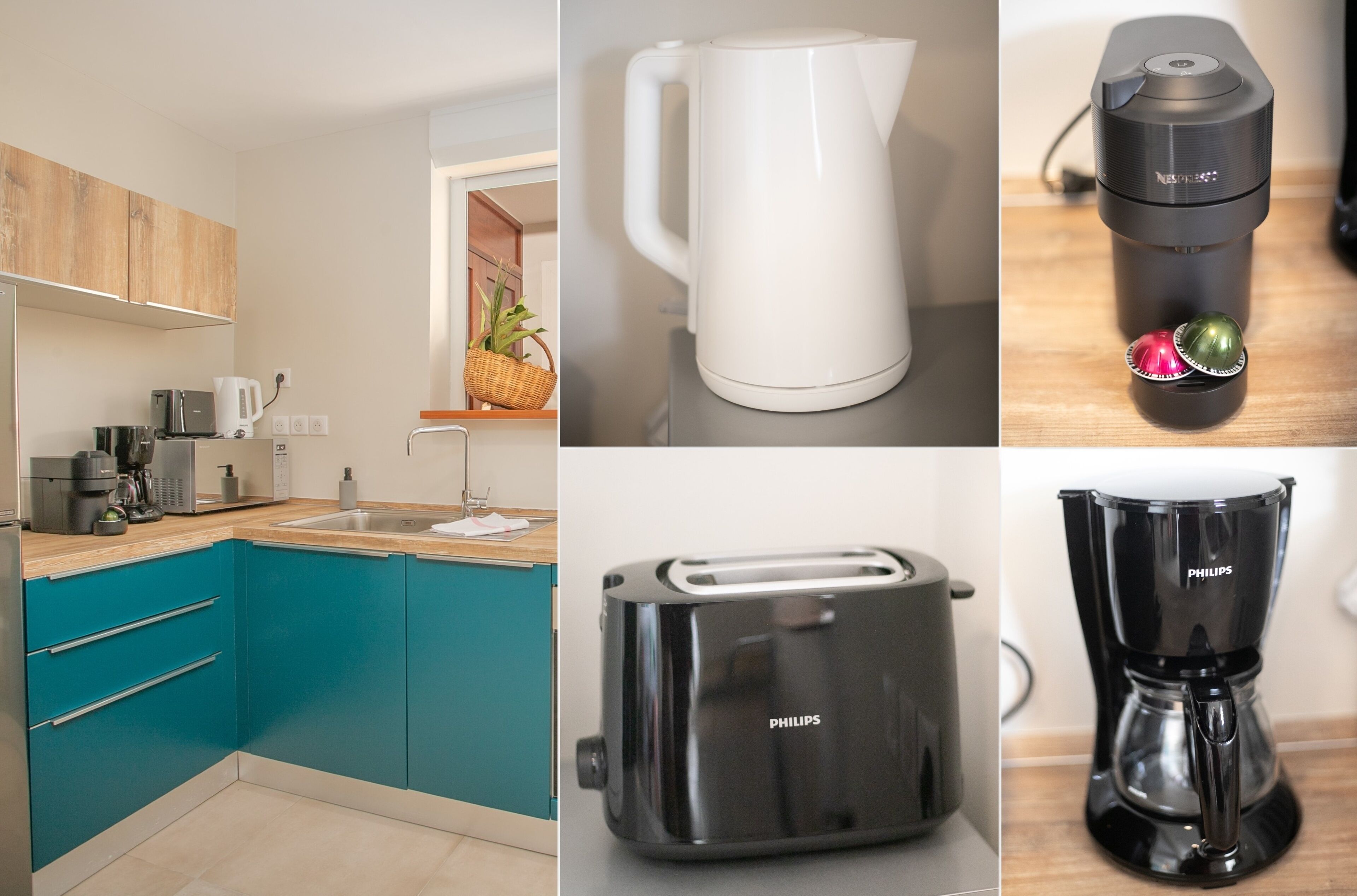 A modern kitchen with teal cabinets, a white kettle, a black coffee maker, a toaster, and a blender.