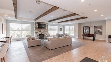 Smart TV, fireplace, foosball, offices