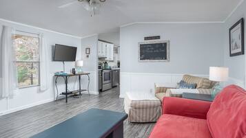 TV connectée, cheminée, livres