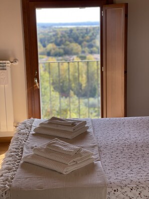 A bedroom with a bed, a balcony with a view of trees, and a window.