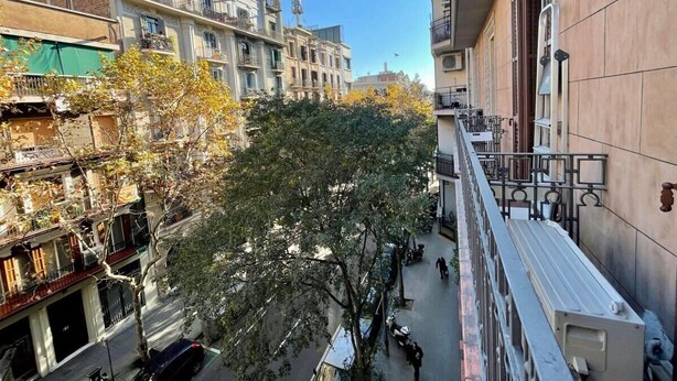 Un edificio de varios pisos con balcones y un árbol en primer plano.