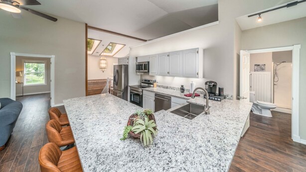 A modern kitchen with granite countertops, stainless steel appliances, and a central island with a plant.