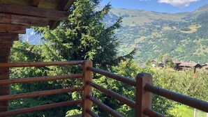 Une terrasse en bois, dotée d’une rambarde en métal, offre une vue sur un paysage montagneux verdoyant, avec des bâtiments visibles au loin.