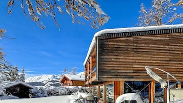 Une cabane en bois avec une entrée en verre, entourée d’un paysage enneigé et d’arbres.