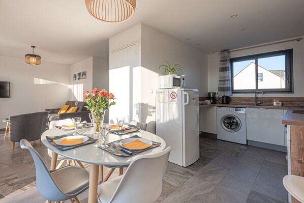 A modern kitchen with a washing machine, a dining area with a table set for two, and a living area with a sofa and a TV.