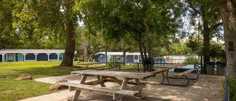An outdoor picnic area with picnic tables and a swimming pool in the background.