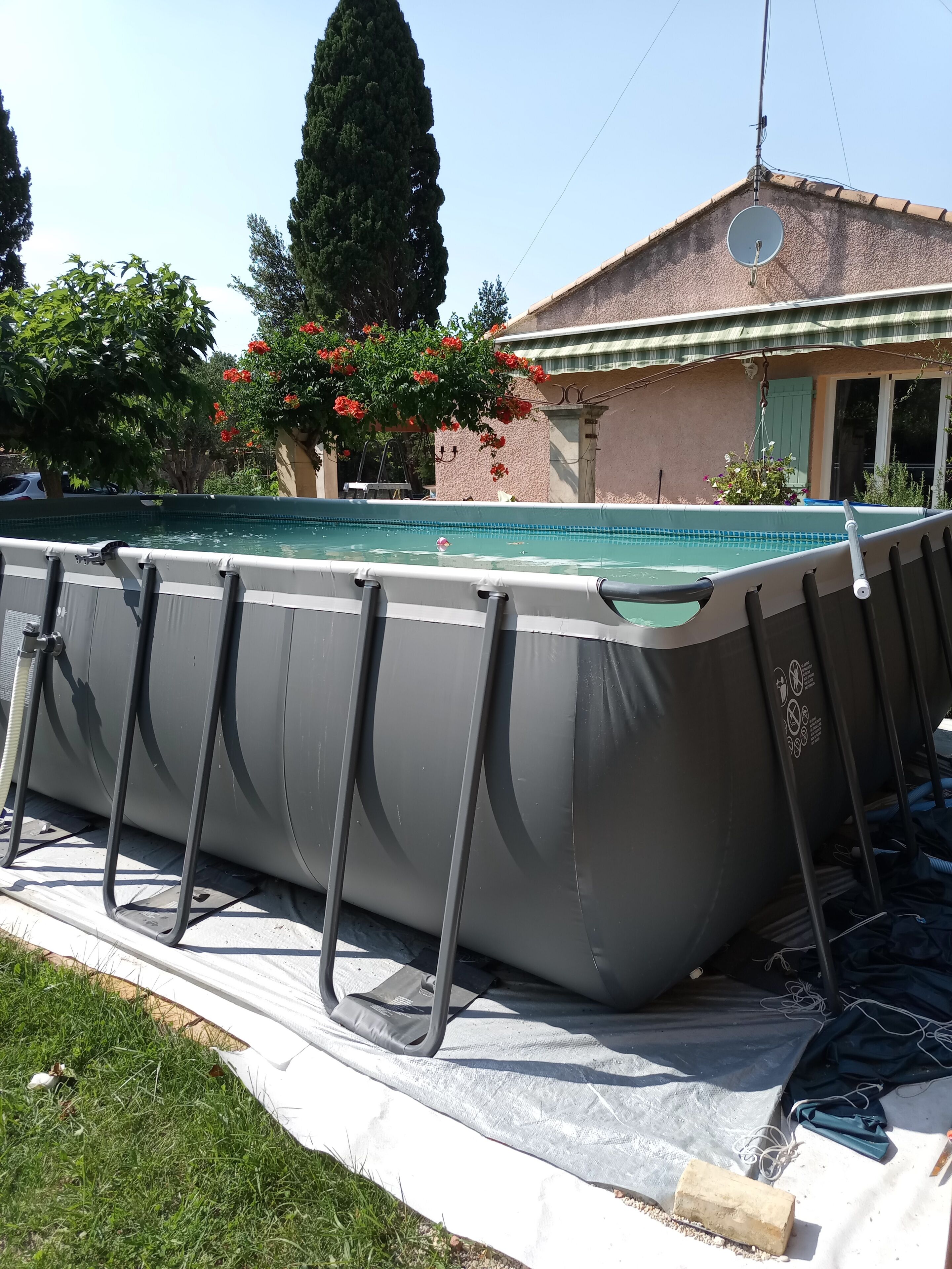 An above-ground swimming pool with a metal frame, surrounded by a grassy area and a house with a satellite dish.