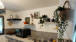 A modern kitchen with grey cabinets, a stainless steel sink, and a microwave. There are decorative items on the shelves, including a plant and a basket. - The house around the fig tree (Aramon)