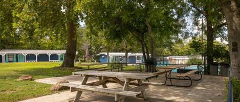 An outdoor picnic area with picnic tables and a swimming pool in the background.