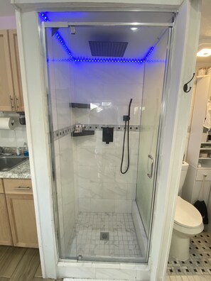 Douche, séchoir à cheveux, serviettes fournies, savon