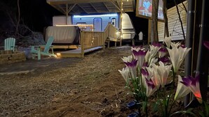 A rustic cabin with a covered seating area, a bed, and a small outdoor space with tulips and a portable heater.