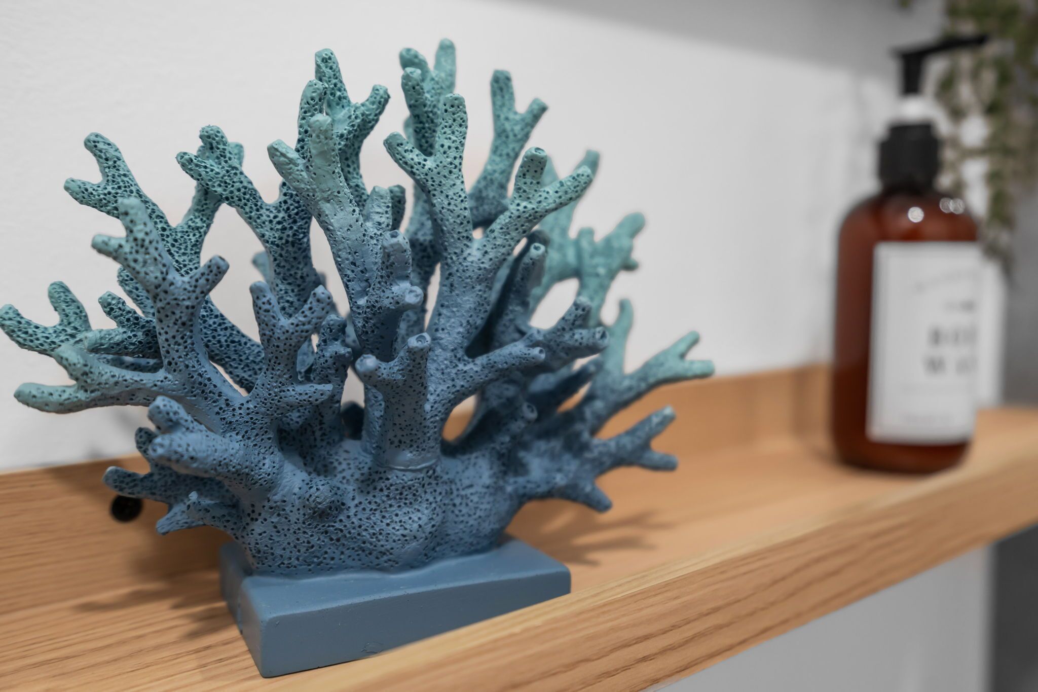 A coral sculpture on a wooden shelf.