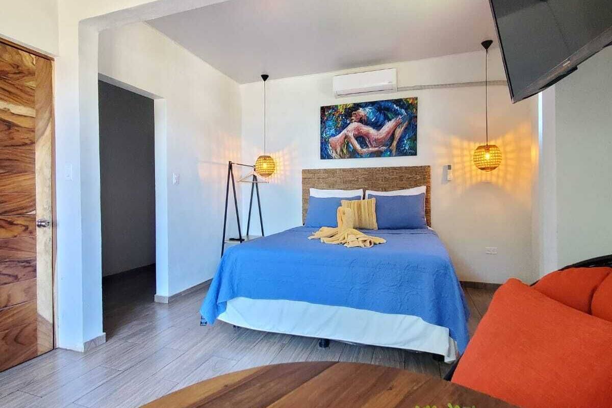 A bedroom with a bed, a TV, and a plant on a table.