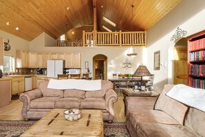 TV, fireplace, books, video library