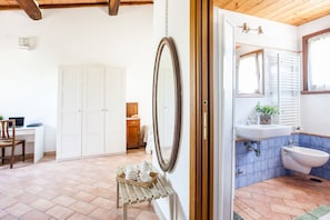 Shower, hair dryer, bidet, towels