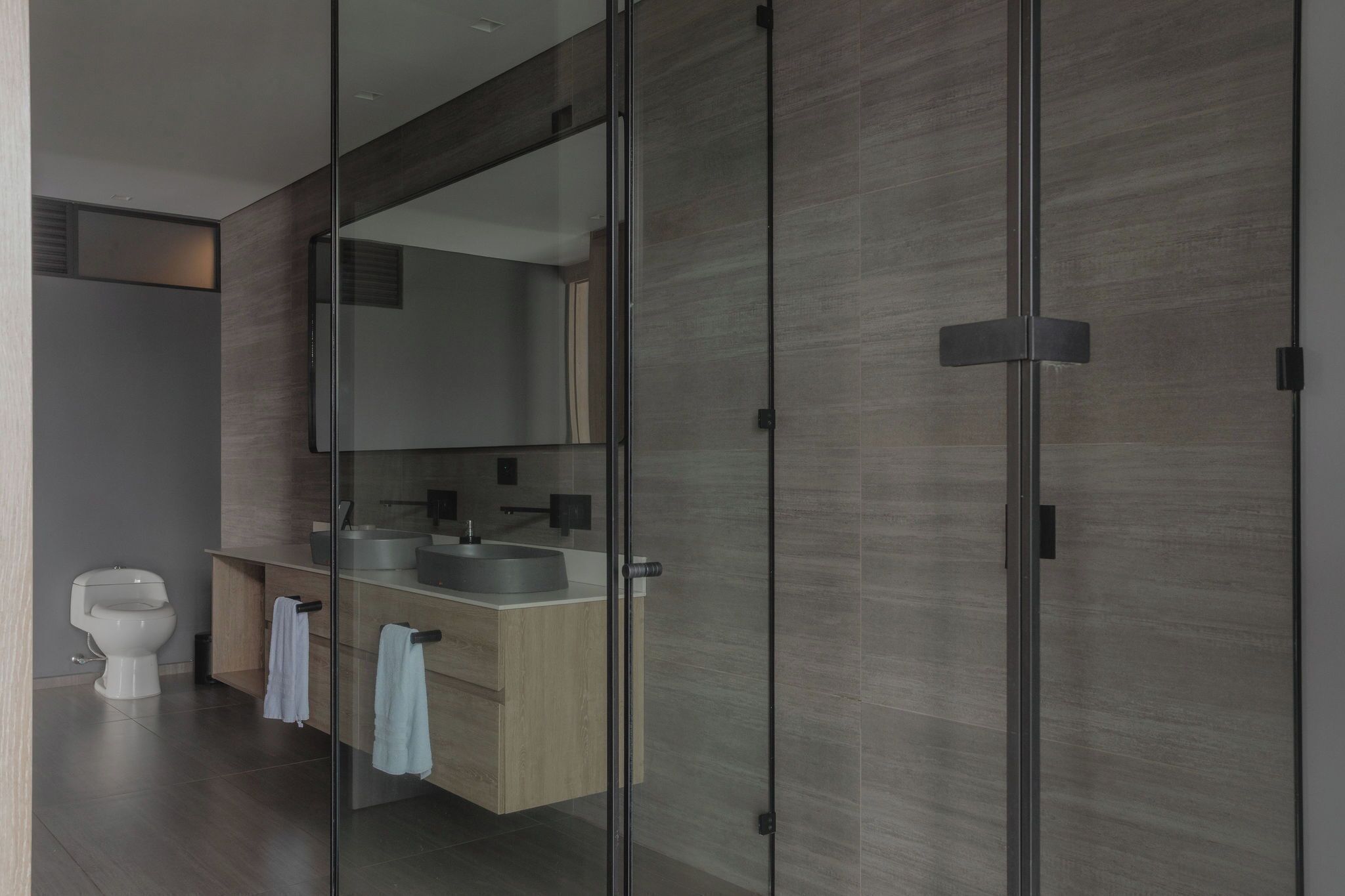 A modern bathroom with a glass shower enclosure, a toilet, and a sink with a mirror above.