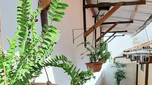 A corridor with hanging planters and a tiled floor.