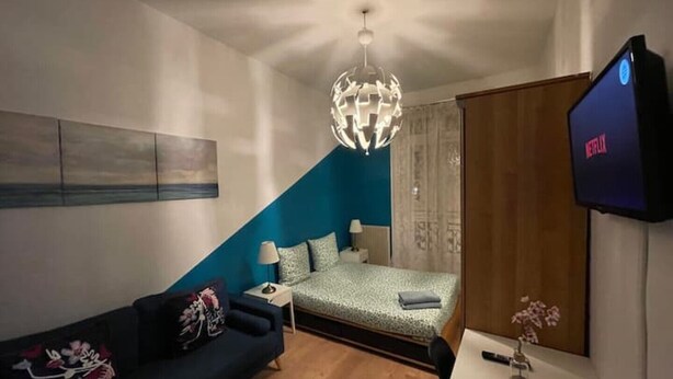 Quarto de hotel compacto com uma cama, um sofá, uma televisão e uma planta decorativa.