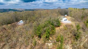 Two dome-shaped cabins in a forested area with a clear sky.