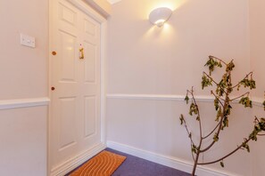 Un couloir avec une porte blanche, un luminaire fixé au mur et une petite plante.