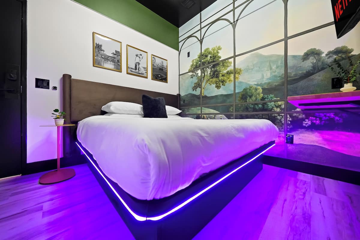 Una habitación de hotel moderna con una cama grande, una obra de arte colgada en la pared y un mural con vistas panorámicas.