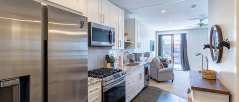 Fridge, microwave, oven, dishwasher