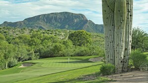 A golf course with a cactus in the foreground, a flag, and mountains in the background. - Starr Pass Spring Golf Retreat - April 12-15 - 1 Bedroom Condo (Tucson)