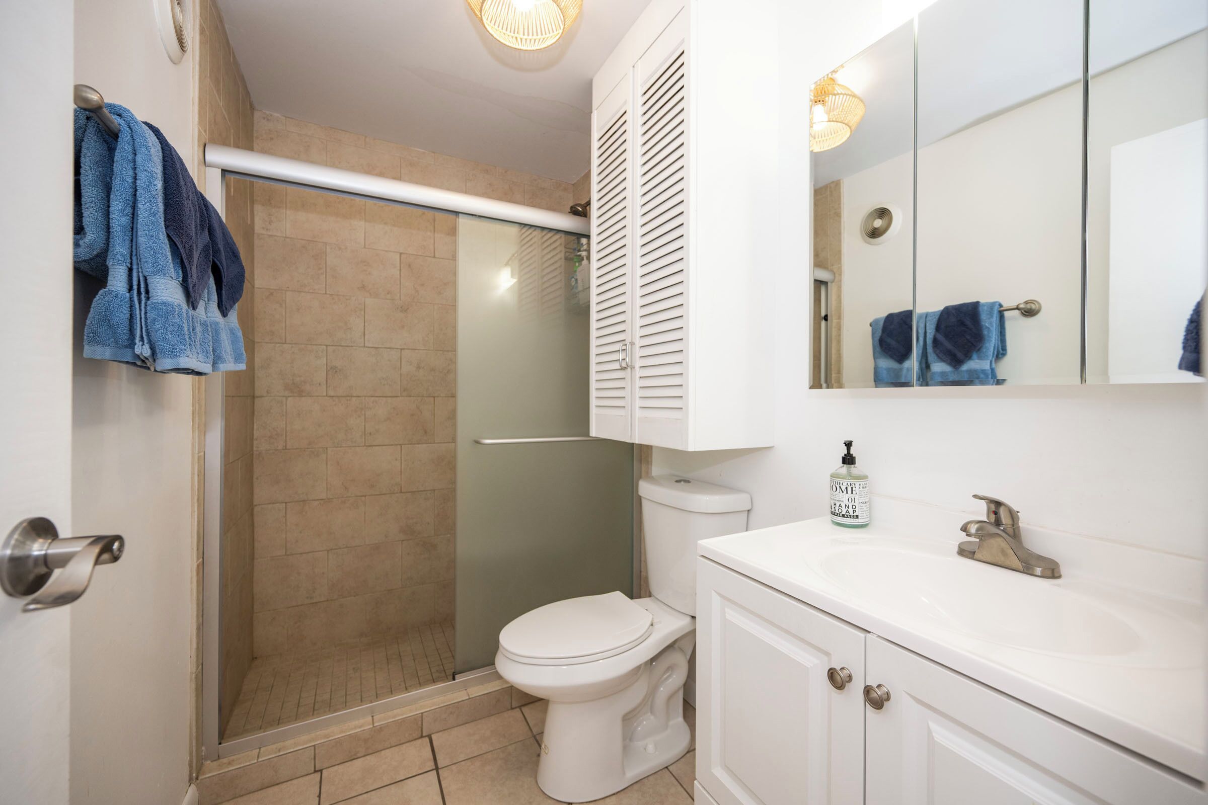 Baño con ducha, inodoro, lavabo y espejo.