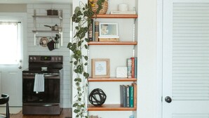 A kitchen with wooden shelves, a white door, and a hanging plant. - Modern, Warm, Chic Flat in Westerville (Westerville)