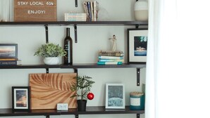 A living room with a grey sofa, a black coffee table, and a wall-mounted shelf with books, a plant, and decorative items. - Modern, Warm, Chic Flat in Westerville (Westerville)