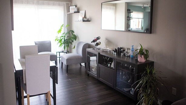Un salon moderne avec un coin repas, un grand miroir et une plante en pot.