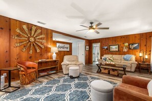 TV, fireplace, books, stereo