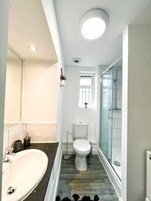 Shower, free toiletries, hair dryer, towels