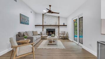 Smart TV, fireplace, foosball