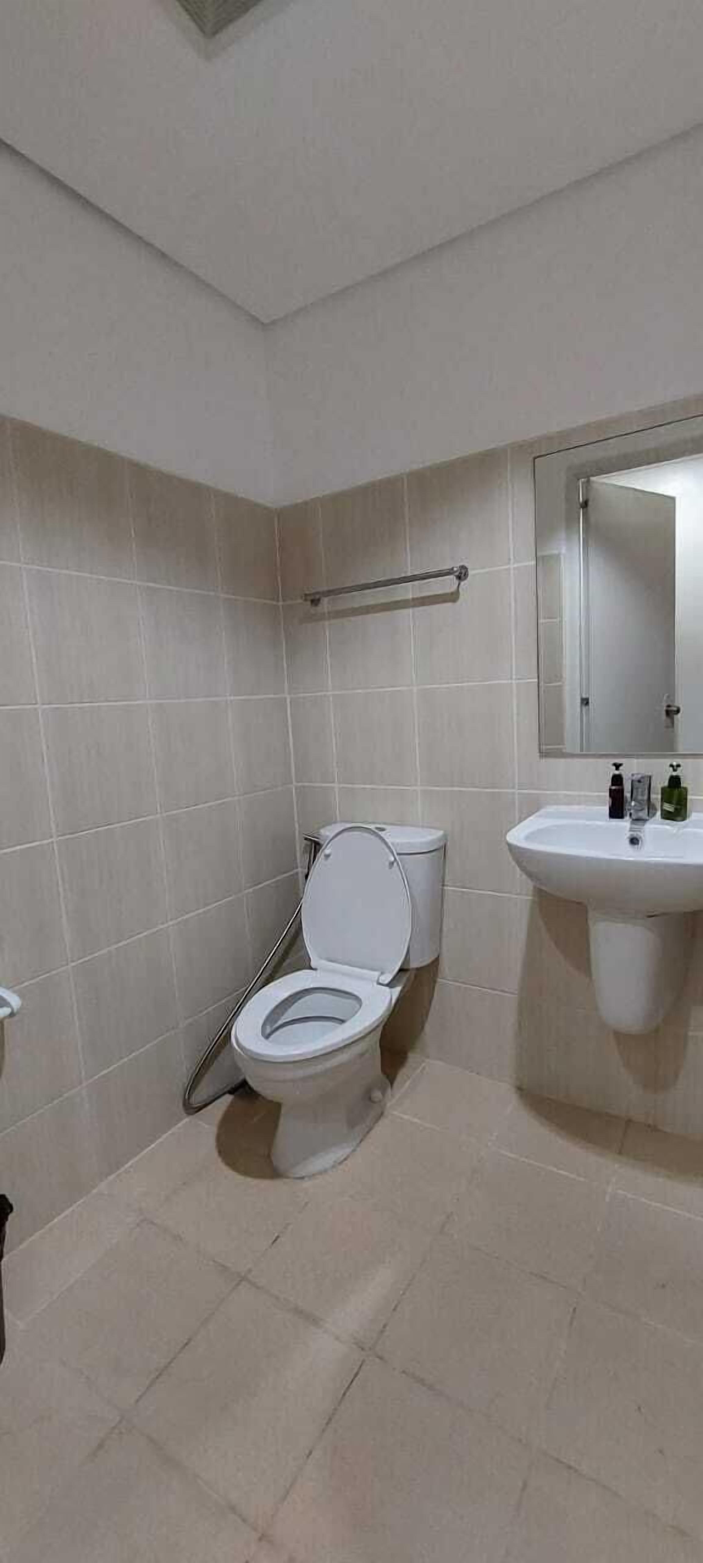 A bathroom with a toilet, a sink, and a mirror.
