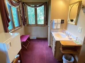 Tina con regadera, secadora de cabello, toallas 