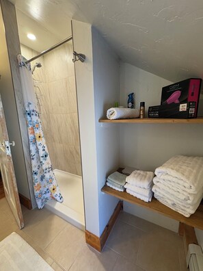 Ensemble baignoire-douche, séchoir à cheveux, serviettes fournies, savon