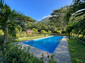 A rectangular swimming pool with a stone border, surrounded by lush greenery and trees. - Tayrona Cachaco River  (Santa Marta)
