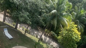 A swimming pool with lounge chairs, surrounded by well-maintained grass and palm trees. - Beachfront Community Ocean View 2Br/2Ba in Los Almendros, Playa Ocotal (Playa Ocotal)