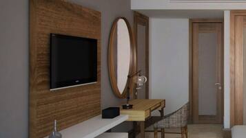A modern hotel room with a flat-screen TV mounted on a wooden panel, a desk with a chair, a large mirror, and a door leading to another room.