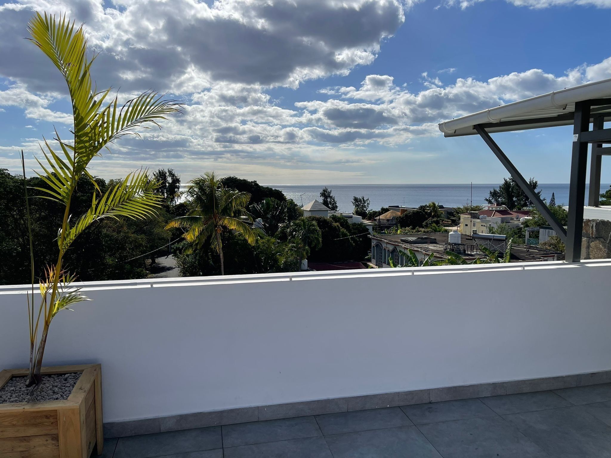 A balcony with a view of the sea and a wooden planter with a palm tree.