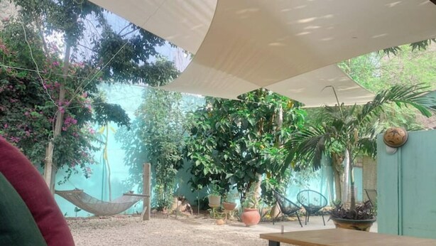 A covered outdoor seating area with a hammock, potted plants, and a table. - La Casa Verde x Townhouse in Mermoz, Dakar (Dakar)