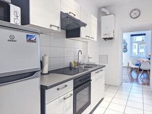 Fridge, microwave, oven, electric kettle