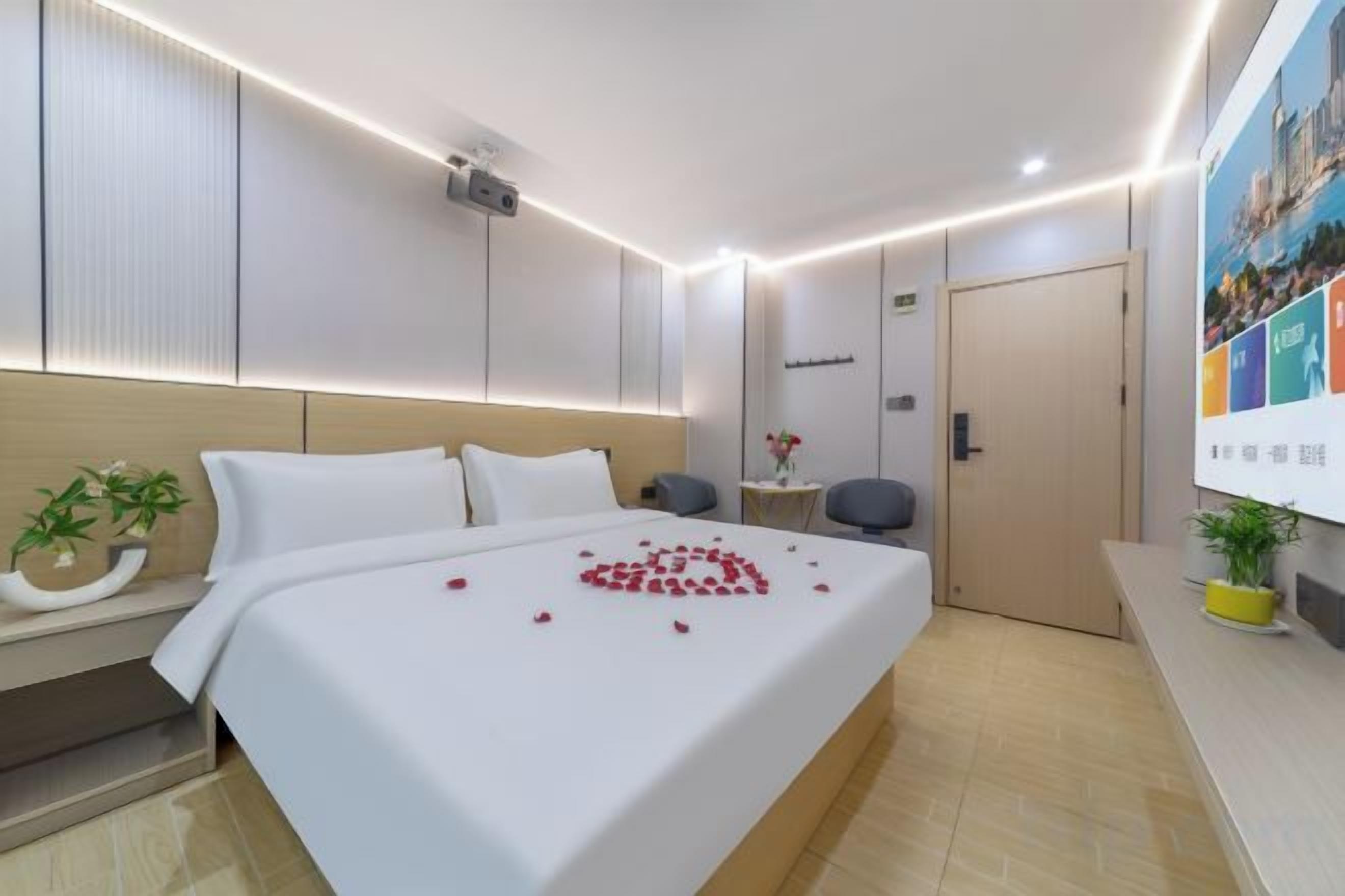 Une chambre d’hôtel moderne avec un lit bien fait, une table de chevet agrémentée d’une plante, une petite table d’appoint et une porte donnant accès à la salle de bain.