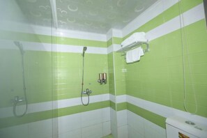 Un baño con azulejos verde y blanco a rayas, una ducha con cabezal de ducha manual, un perchero y un inodoro.