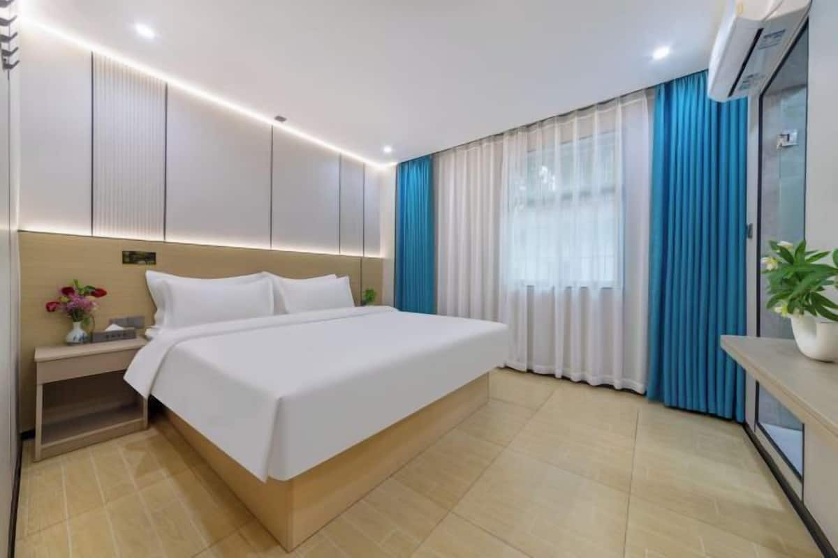 A modern hotel room with a large bed, a bedside table, a nightstand, a potted plant, and a window with curtains.