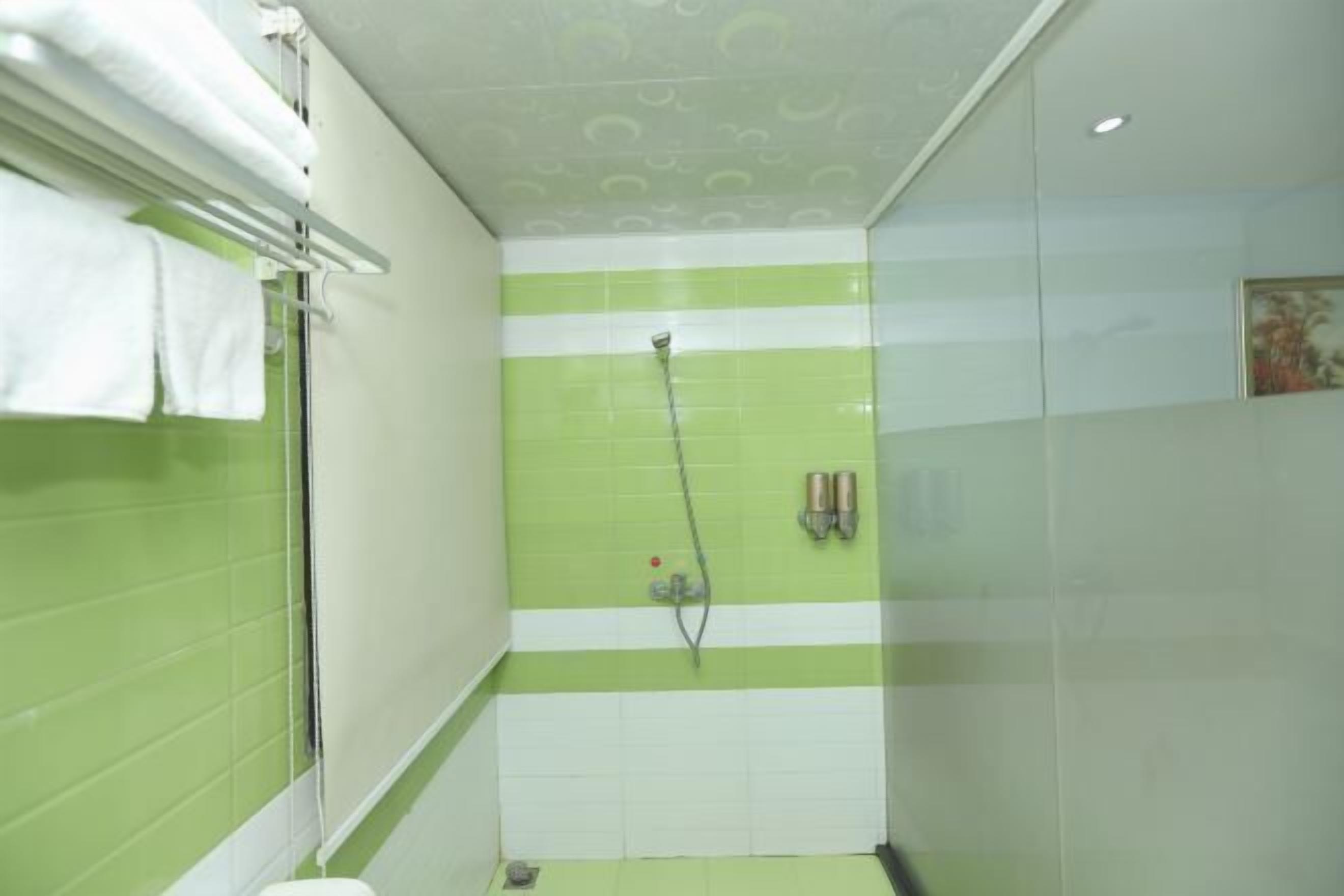 Een badkamer met groene en witte streeptegels, een glazen douchecabine en een handdoekrek.