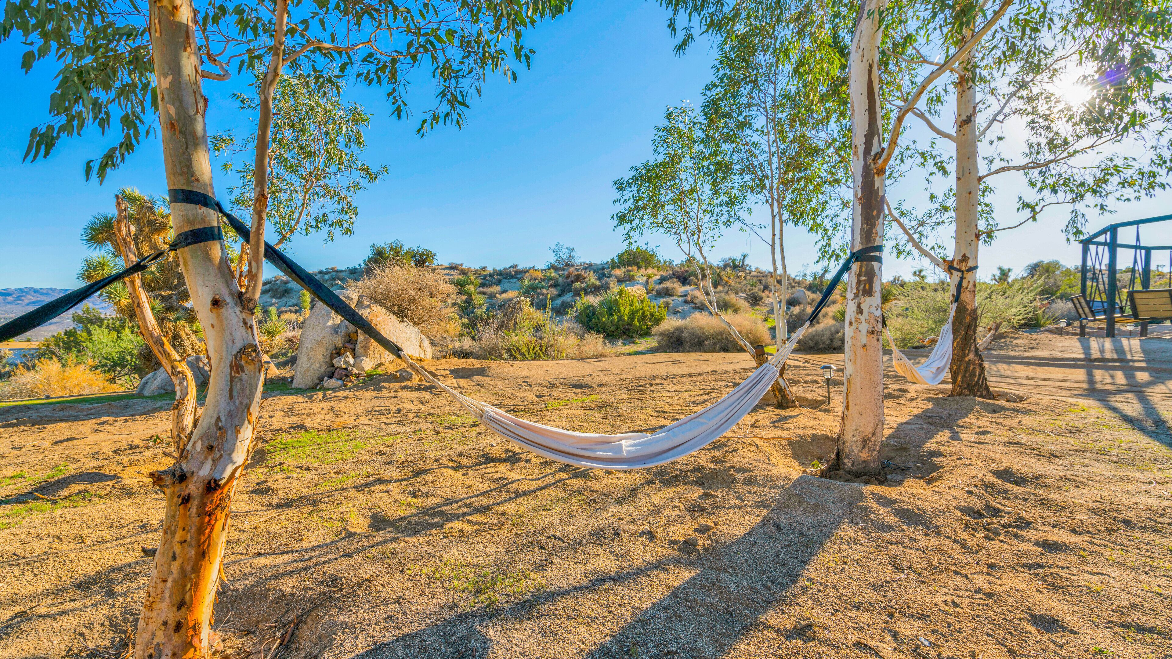 A hammock between trees in a dry, rocky landscape with a clear sky.